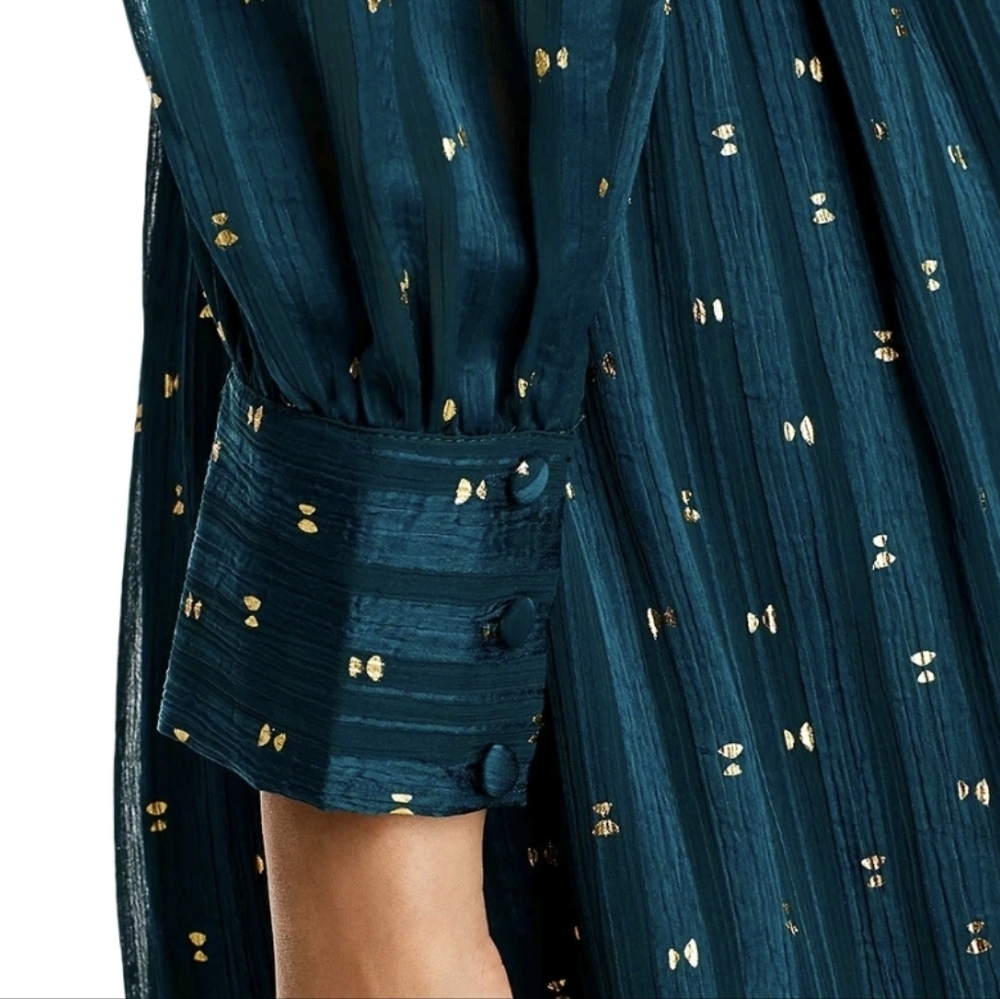 Aqua Ruffle Trim Clip Dot Long Sleeve Midi Wrap Dress, Teal Green & Gold, XS - Picture 4 of 16